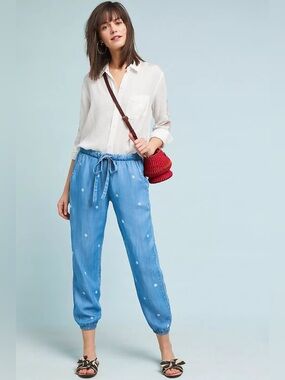 Anthropologie Cloth & Stone Dotted Chambray Joggers S Polka Dot Drawstring Blue